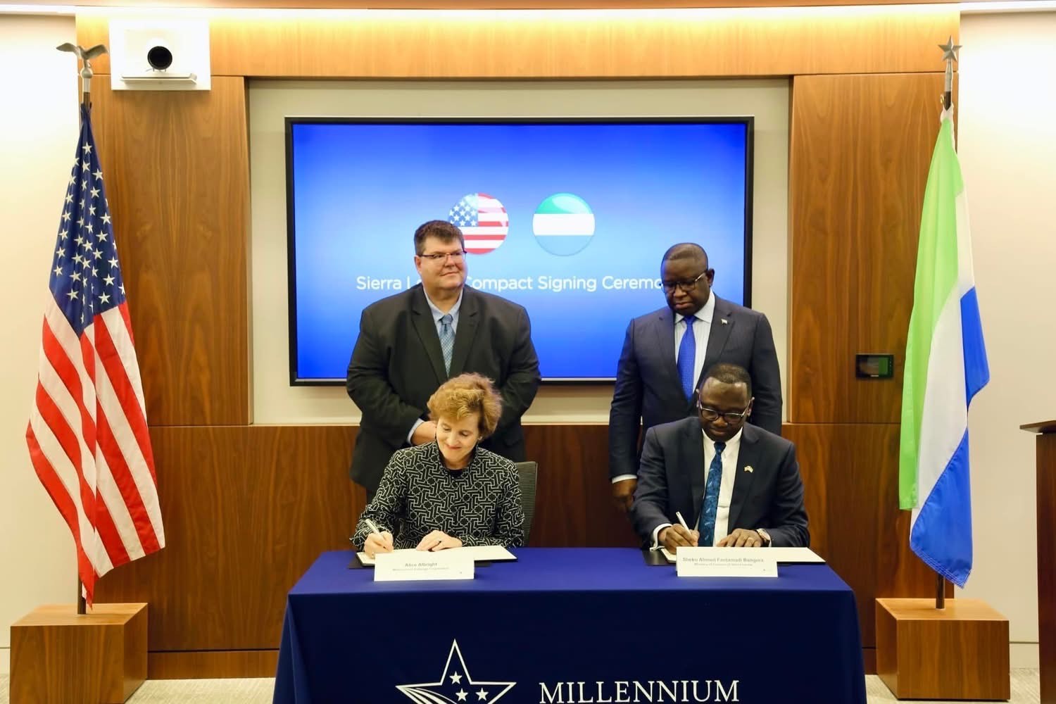 MCC CEO Alice Albright and Sierra Leone Minister of Finance Sheku Bangura signed a $480 million compact designed to help 4.6 million people gain access to affordable and reliable electricity while President Bio and former US Ambassador to Sierra Leone, Bryan D. Hunt looked on.